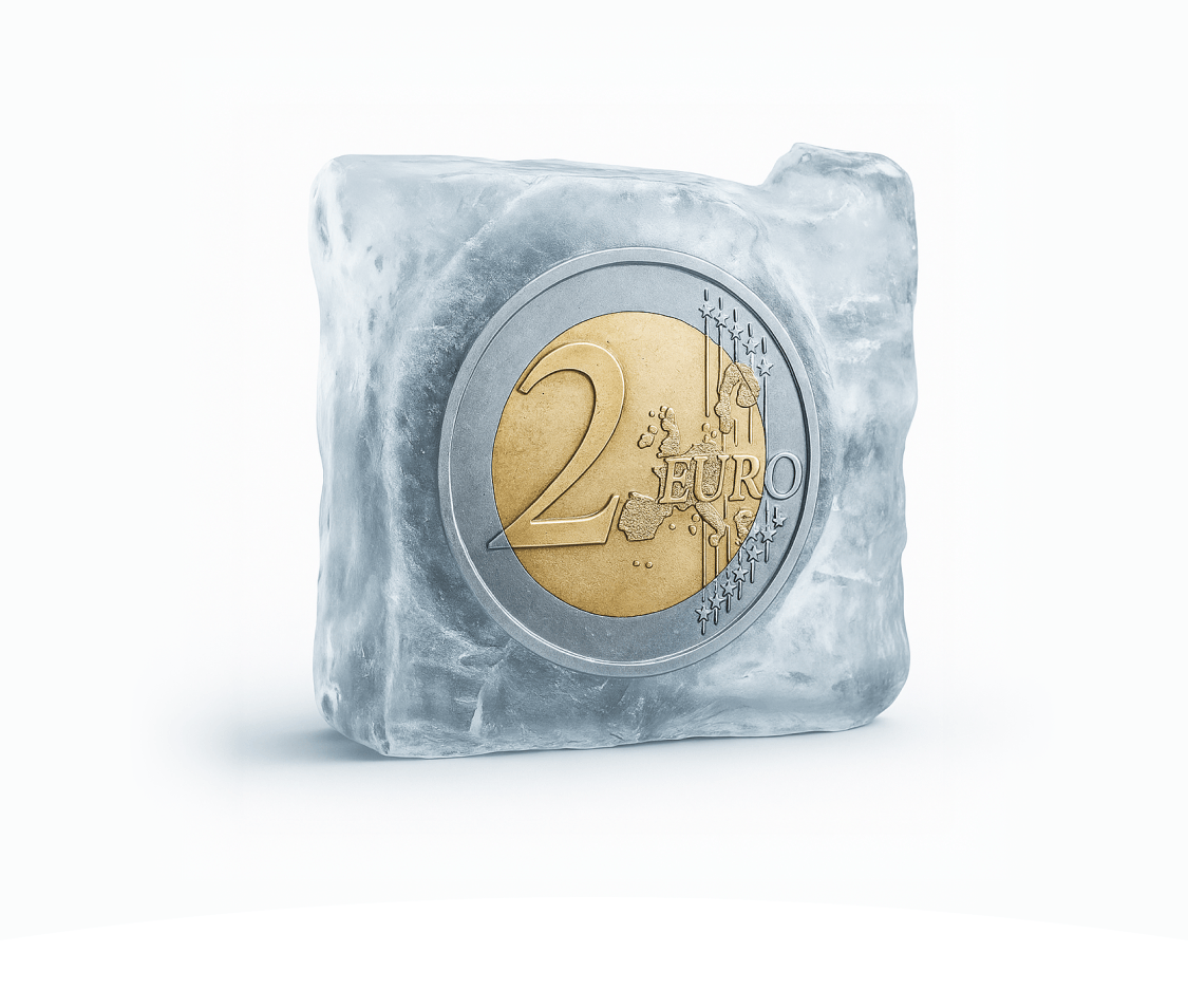 pièce deux euros dans un bloc de glace